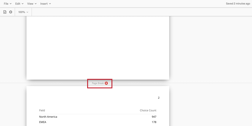image of a page break in a report. the red x is next to the page break for removing it