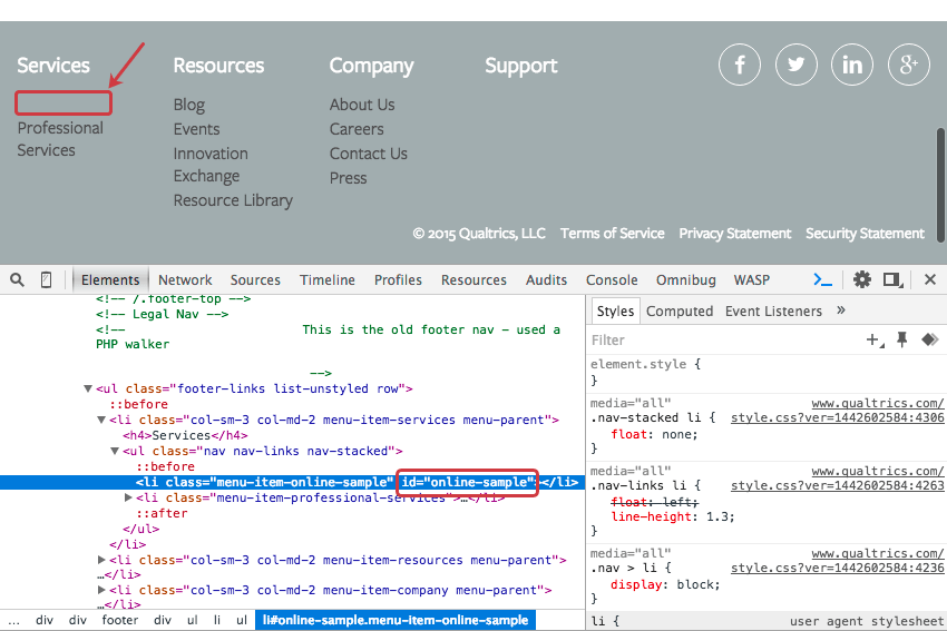 Un menu de site web. Un espace noir dans le menu où un nouveau lien sera inséré est indiqué. Dans lélément Inspecter, nous recherchons lidentifiant