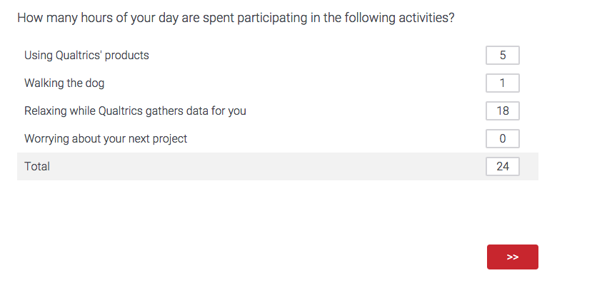 Question, How many hours of your day do you devote to these activities? Each choice has a text box where you enter a number. There is a Total row where the answers add up to 24.
