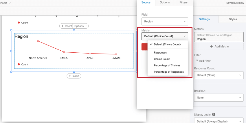 image of the metric drop down for text set & multi answer text set fields