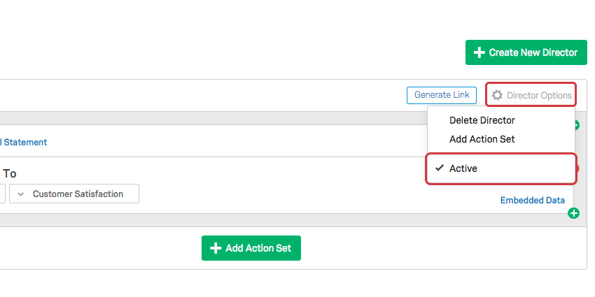 Director Options dropdown with Active option checked