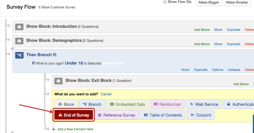 end of survey option in the what do you want to add? menu