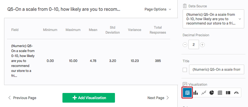 Tabla de estadísticas con icono indicado a la derecha