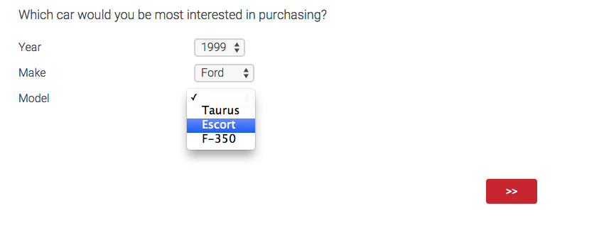 Frage, welches Auto Sie am liebsten erwerben würden, mit separaten Dropdown-Menüs für Baujahr, Marke und Modell
