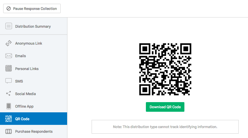 QR-Codepage im linken Bereich des Verteilungen-Tabs ausgewählt