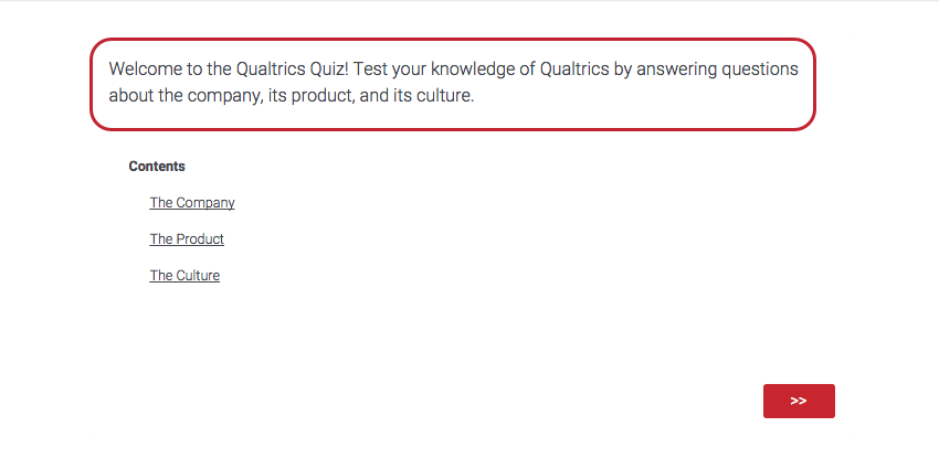 Message above a table of contents in the survey