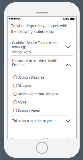 Auf einem Handy wird die Matrixtabelle angezeigt, sodass auf die Anweisung geklickt werden kann, um die Skalenwerte anzuzeigen.