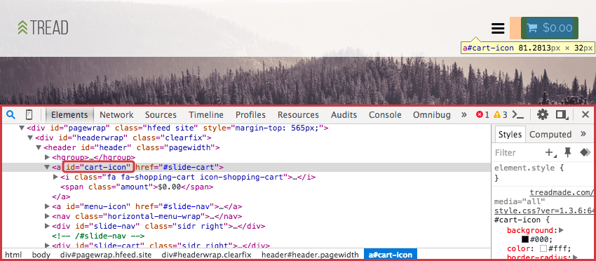 Suchen des Einkaufswagensymbols über die Konsole