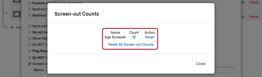 Screen out counts window shows number of screen outs