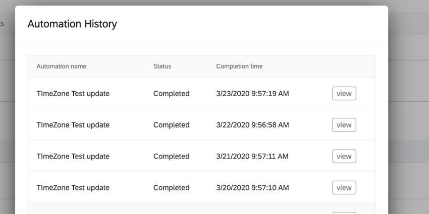 a list of completed automation runs in automation history