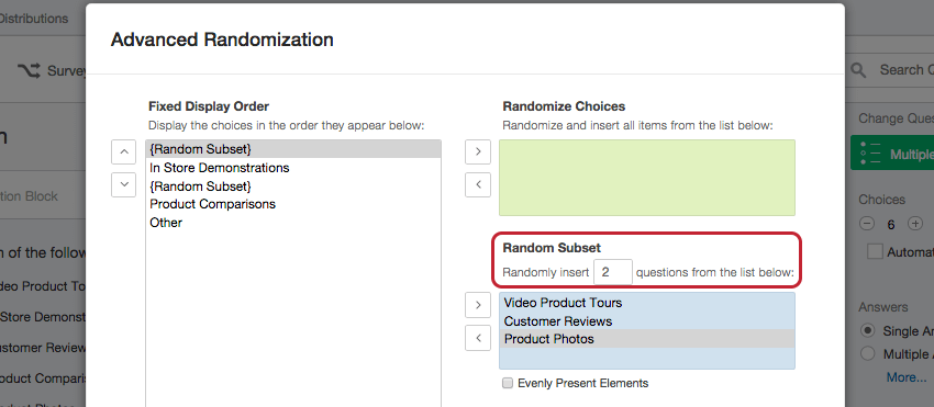 Four choices are in Random Subset to the right. The settings say randomly insert 2 questions from this list, so on the left, it says Random Subset TWICE where the items should be randomized