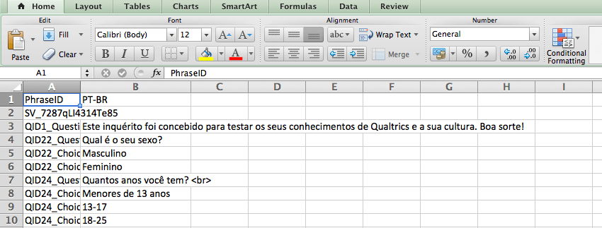 CSV del file di traduzione