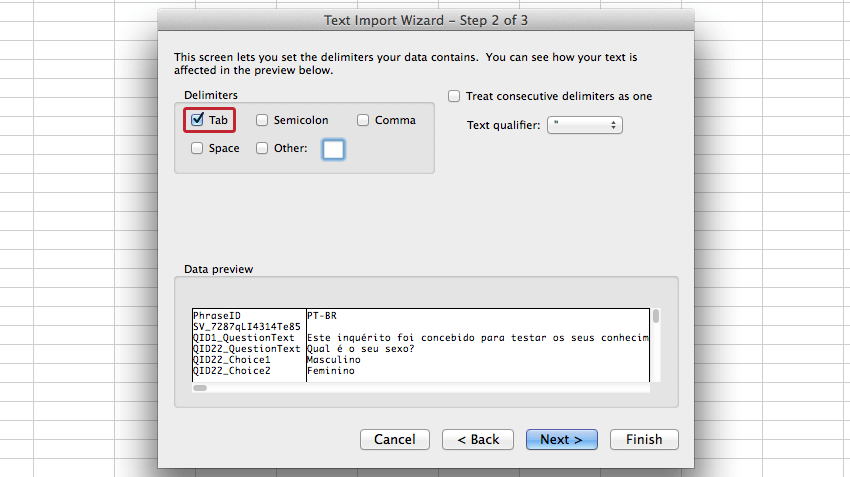 Delimiters is set to tab