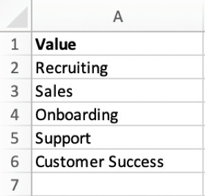 eine csv für den Import von Tag-Werten. Die Datei enthält eine Spalte mit dem Kopfzeilenwert. Jede Zelle enthält einen Wert für das Tag.