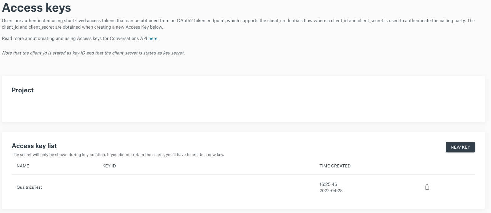 Sinch Access Keys Dashboard