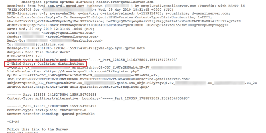 Text with custom email header shown after clicking Show original