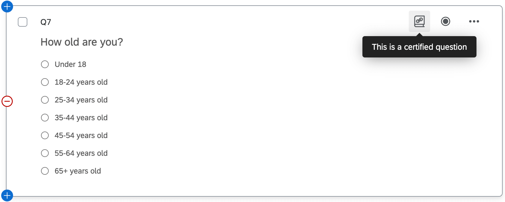 Picture of a certified question, complete with hover in upper-right icon to show it is certified