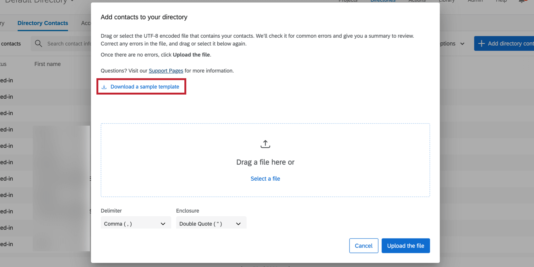 Sample template link in the directory contact upload screen