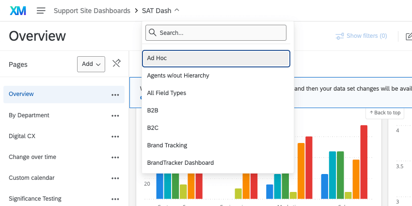 Immagine della tendina dei dashboard nella parte superiore di ogni dashboard