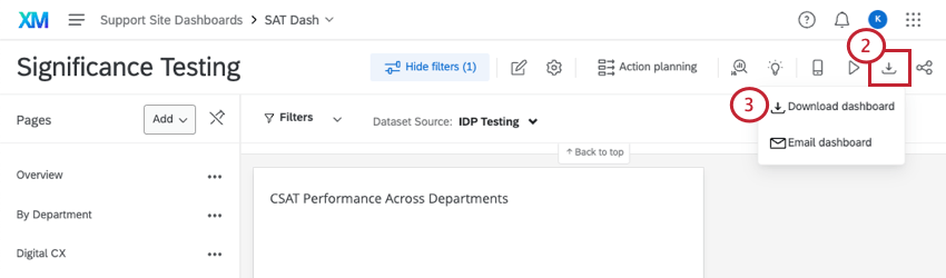 clicando no botão exportar e, em seguida, fazer o download dashboard