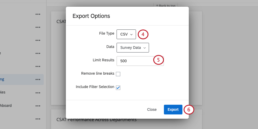 Export options window says file type csv, limit results 500, remove line breaks not selected, include filter results is selected