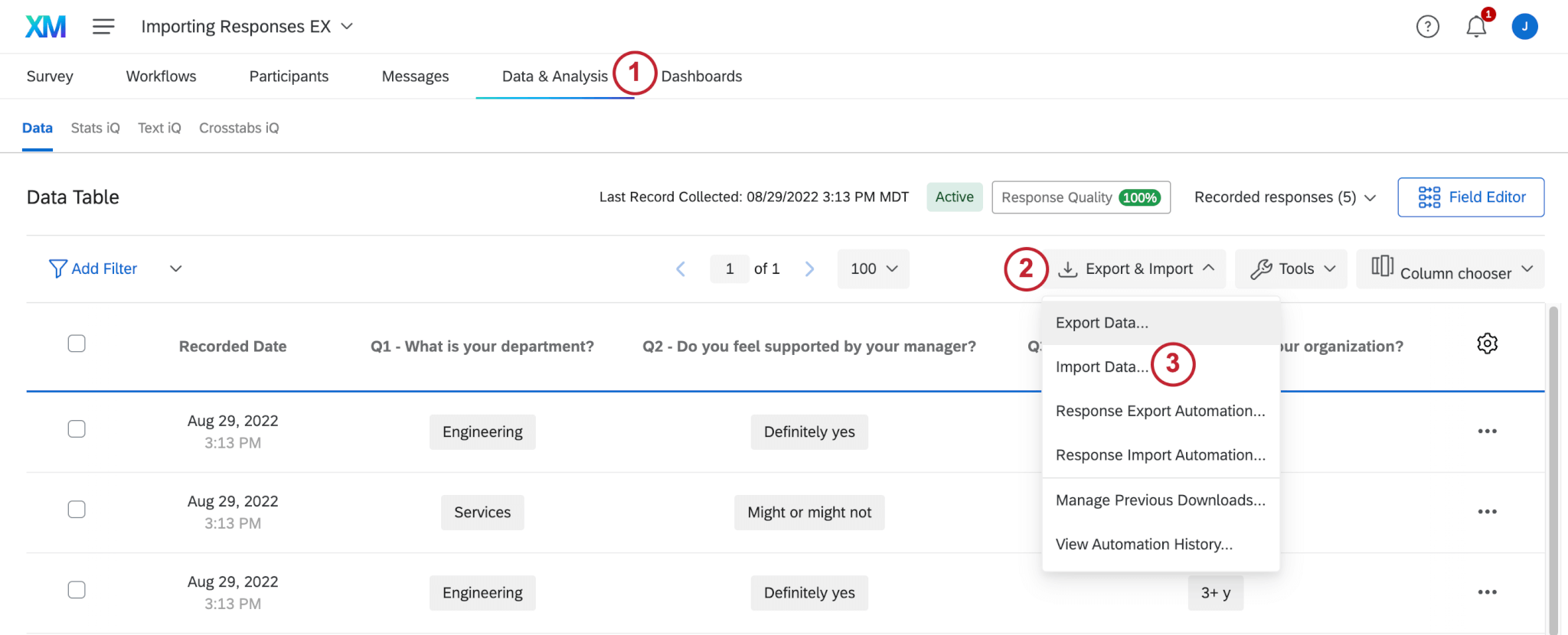 Option dimportation de données dans le menu déroulant Exportation &amp ; Importation de longlet Données et analyse