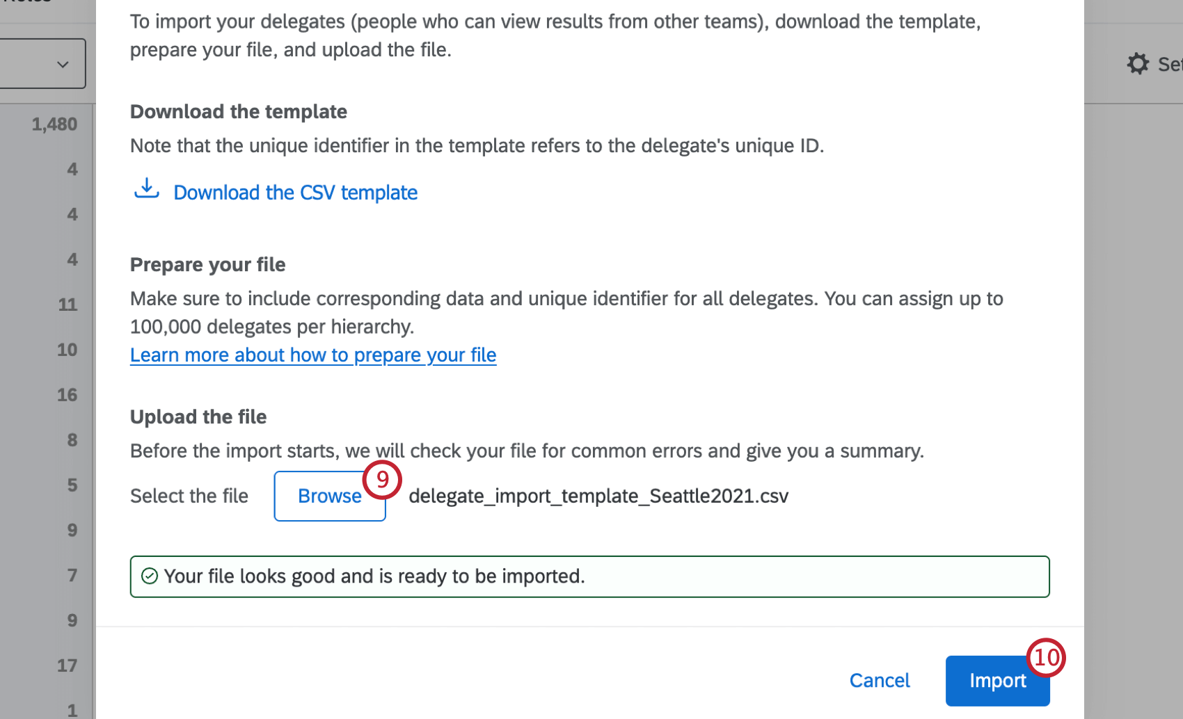 clicando em browse para selecionar um arquivo e, em seguida, importar