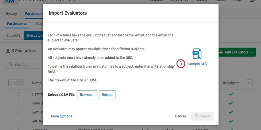 Selecionando a opção Example CSV na janela pop-up Import Evaluators (Importar avaliadores)