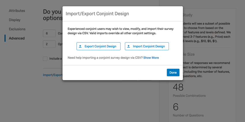 Import window for conjoints