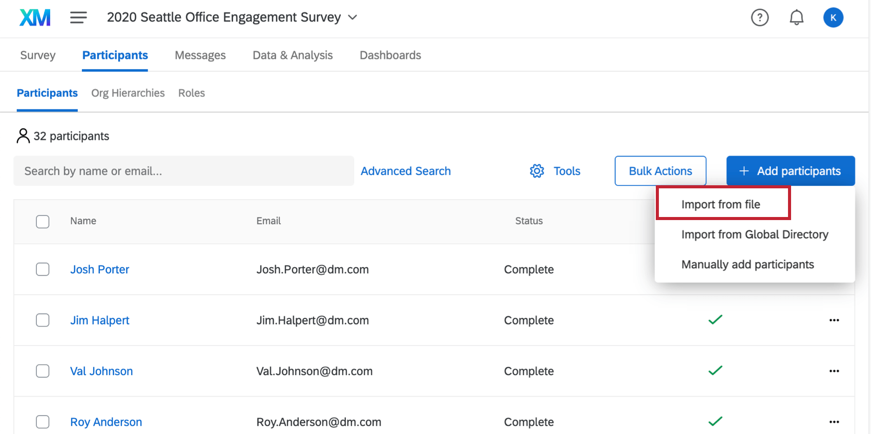 Botão Add Participants (Adicionar participantes) no canto superior direito da página Participants (Participantes)