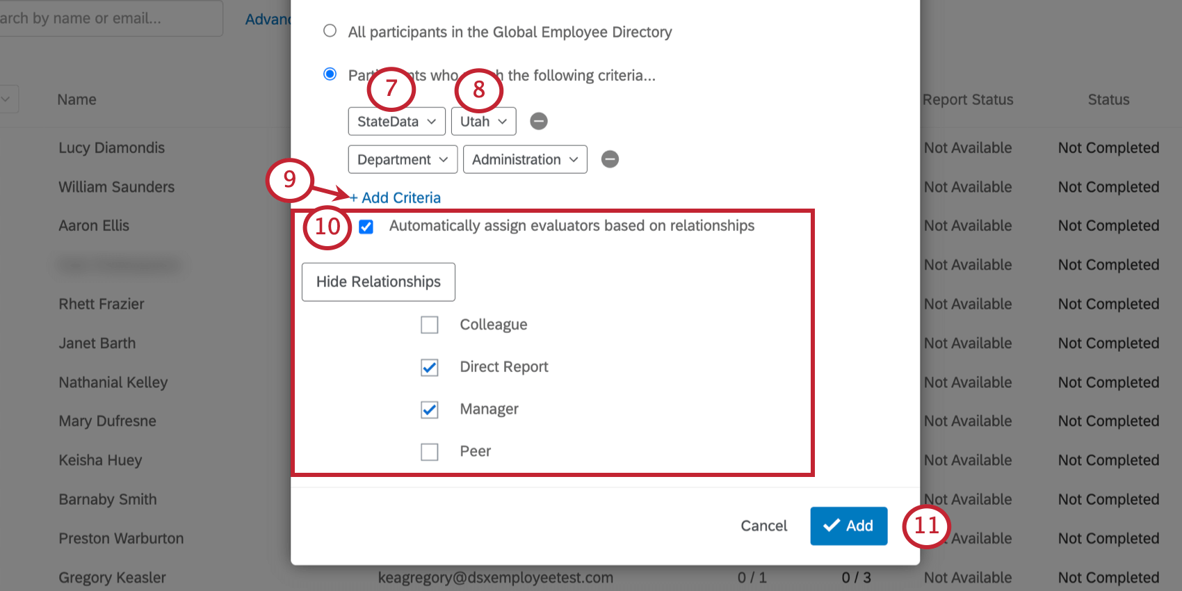 Seleccionar criterios para filtro a los evaluadores. Luego decidir qué relaciones importar.