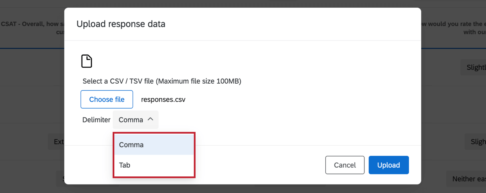 Image showing available delimiters in the table importer