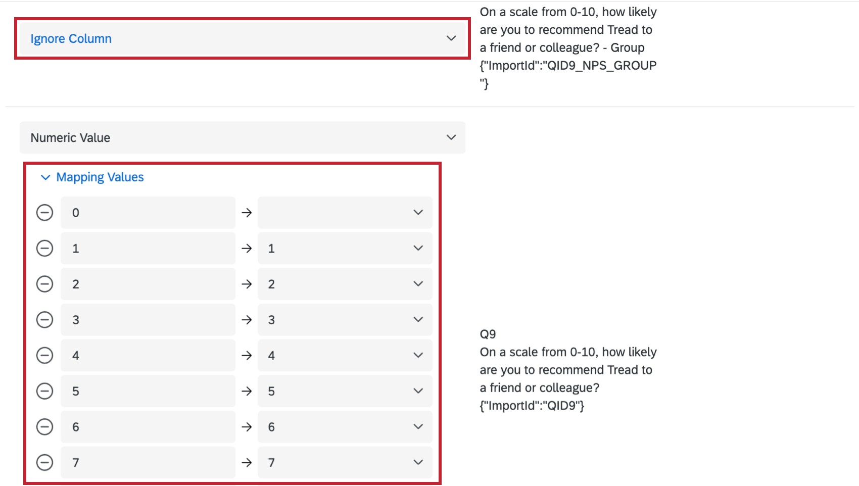 Image showing how to map columns/answer choices in importer