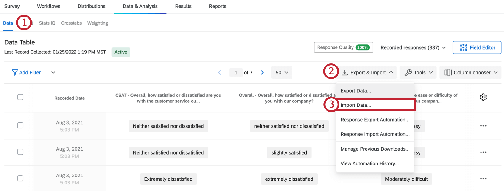 Option "Daten importieren" aus Exportieren & Dropdown "Importieren" in Tab "Daten & Analyse"