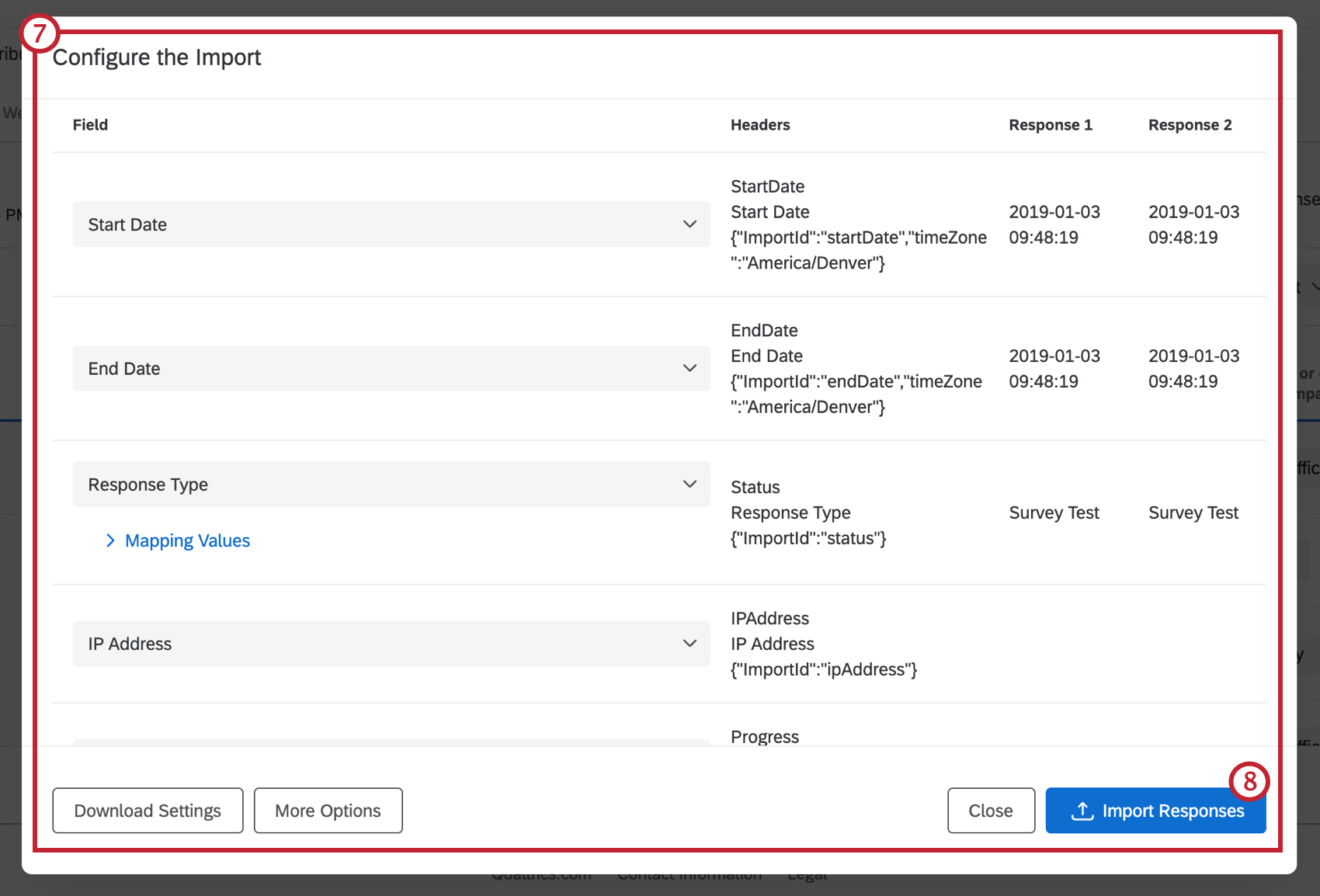 Configurer le menu Importer, avec le bouton Importer les réponses