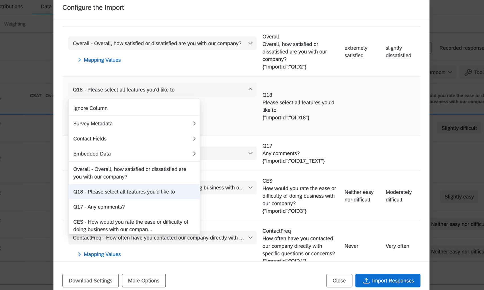 Lista delle domande e dei campi incorporati nel menu Configura limportazione