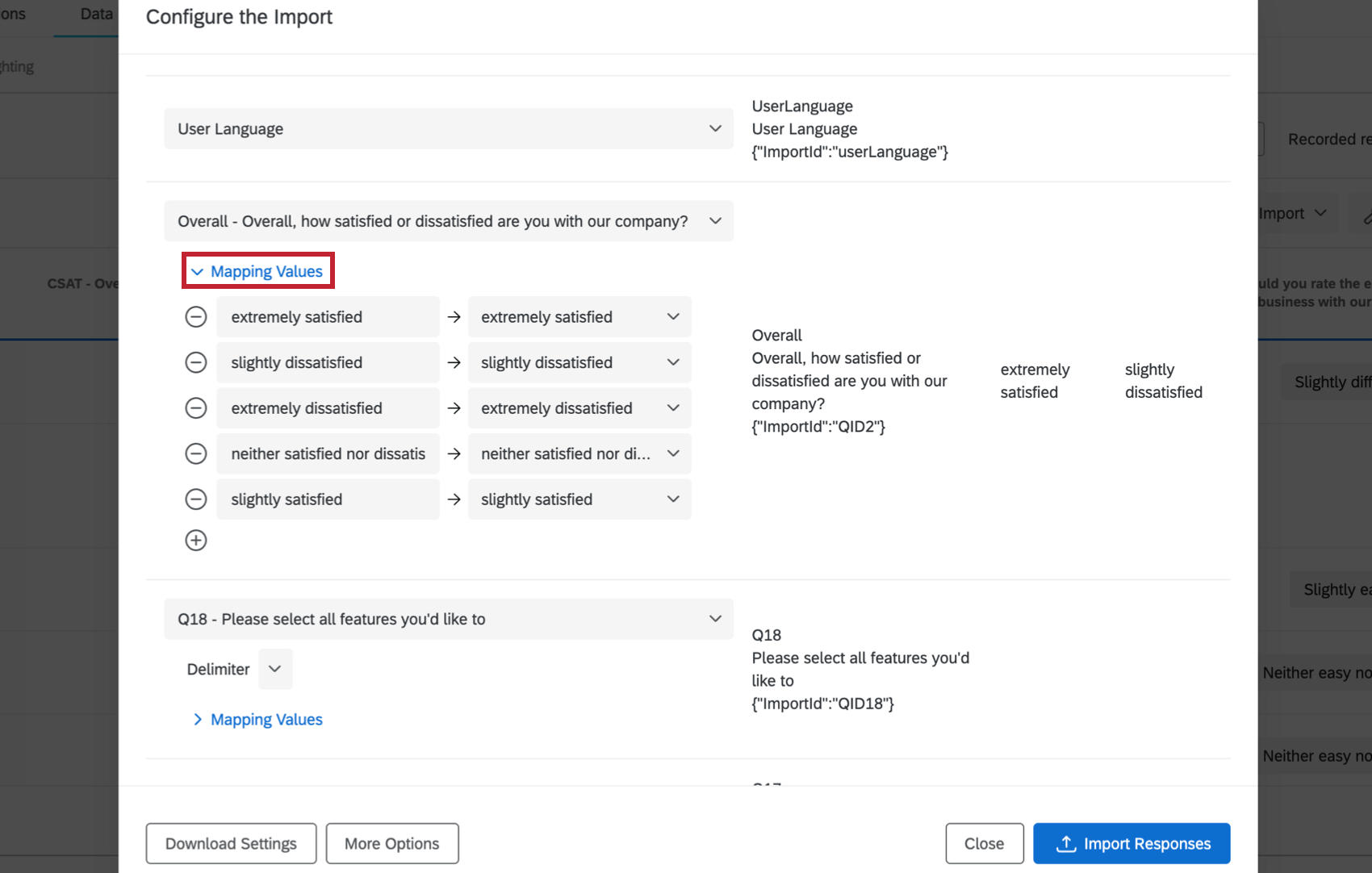 Opção Mapping Values (Valores de mapeamento) com opções exibidas no menu Configure (Configurar) Import (Importar)