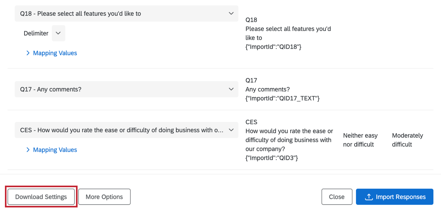 Option de téléchargement des paramètres en bas à gauche ou menu Configurer limportation