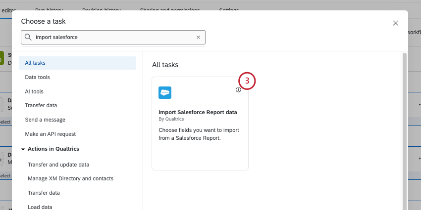 selecting the "import salesforce report data" task