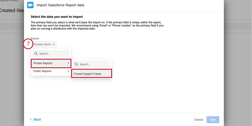 clicking the report dropdown menu and searching for a report
