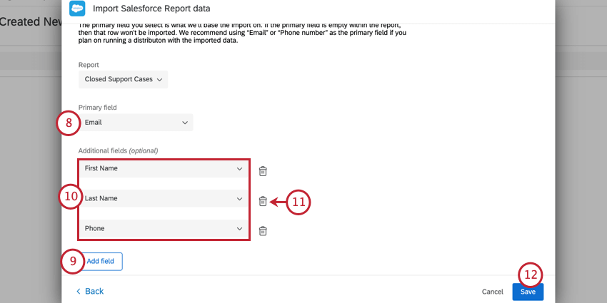 choosing a primary field and then choosing additional optional fields