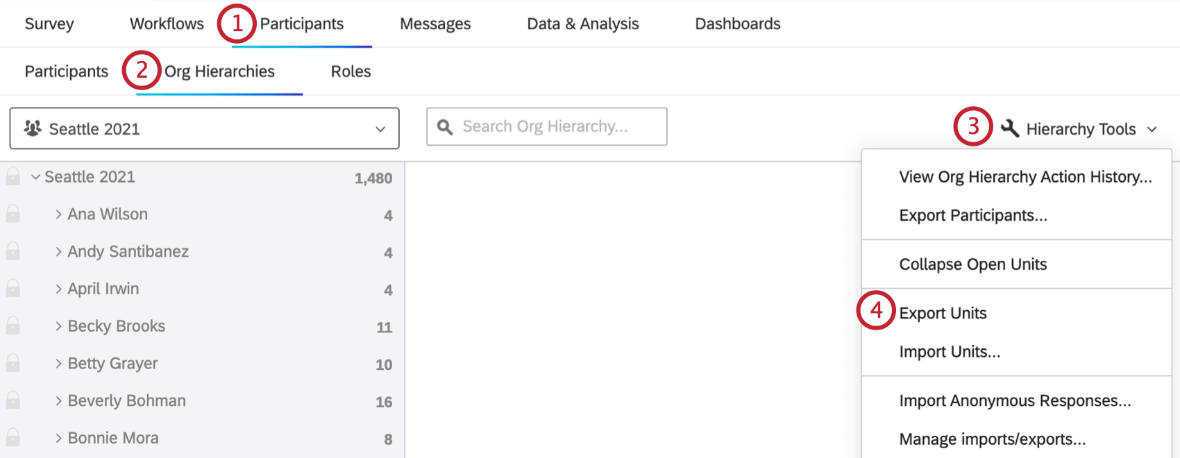 using the hierarchy tools menu to export and import units