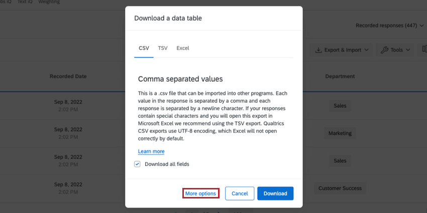 Download a data table window is open and the more options button at the very bottom is highlighted