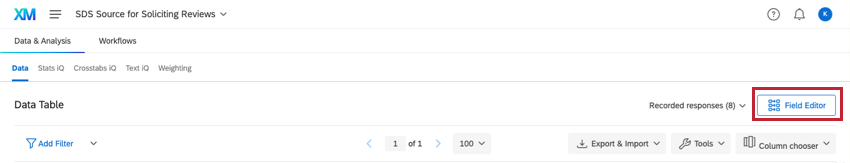 Showing the field editor button on the right of the data & analysis page, underneath the tab and section nevigation