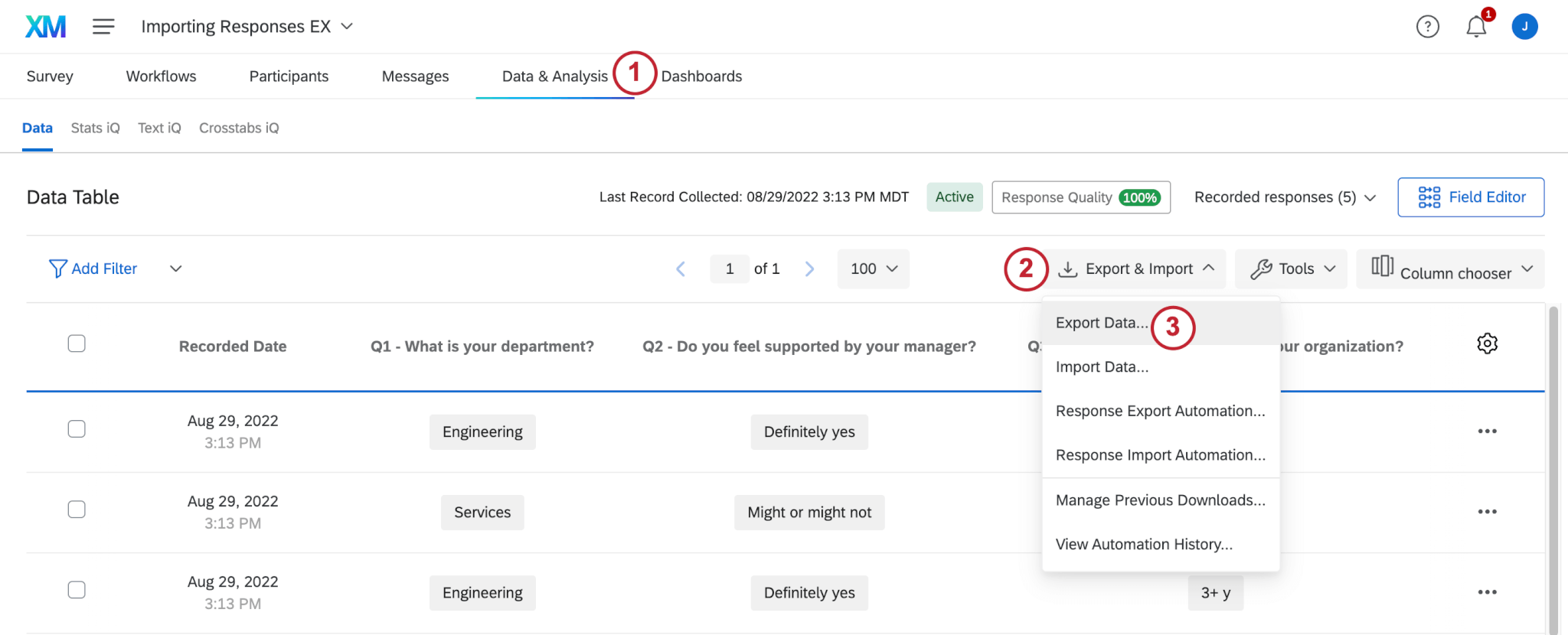 Export and Import button expanded to reveal the Export Data option