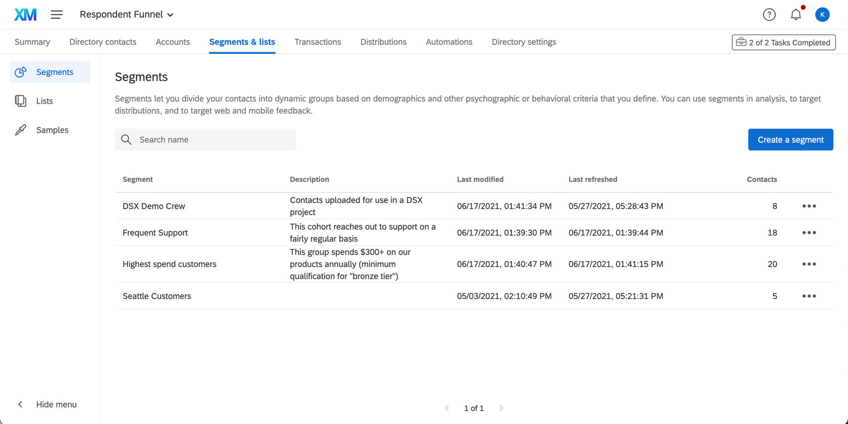 Uma imagem da guia Segmentos com vários segmentos listados, como uma equipe de demonstração, contatos de suporte frequentes, clientes que gastam mais e clientes de Seattle