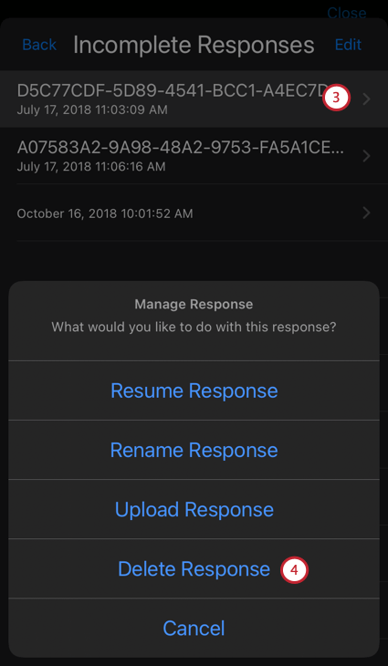 List of partial responses with Description and Date displayed. Options to Resume, Rename, Uploaded, or Delete the partial response