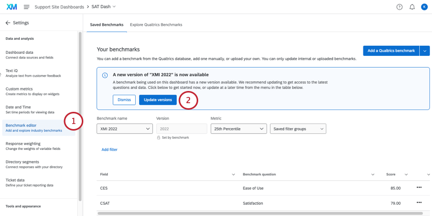 banner de atualização de versões na parte superior do editor de benchmark