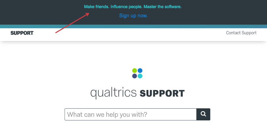 A dark info bar along the top of the support site advertising community