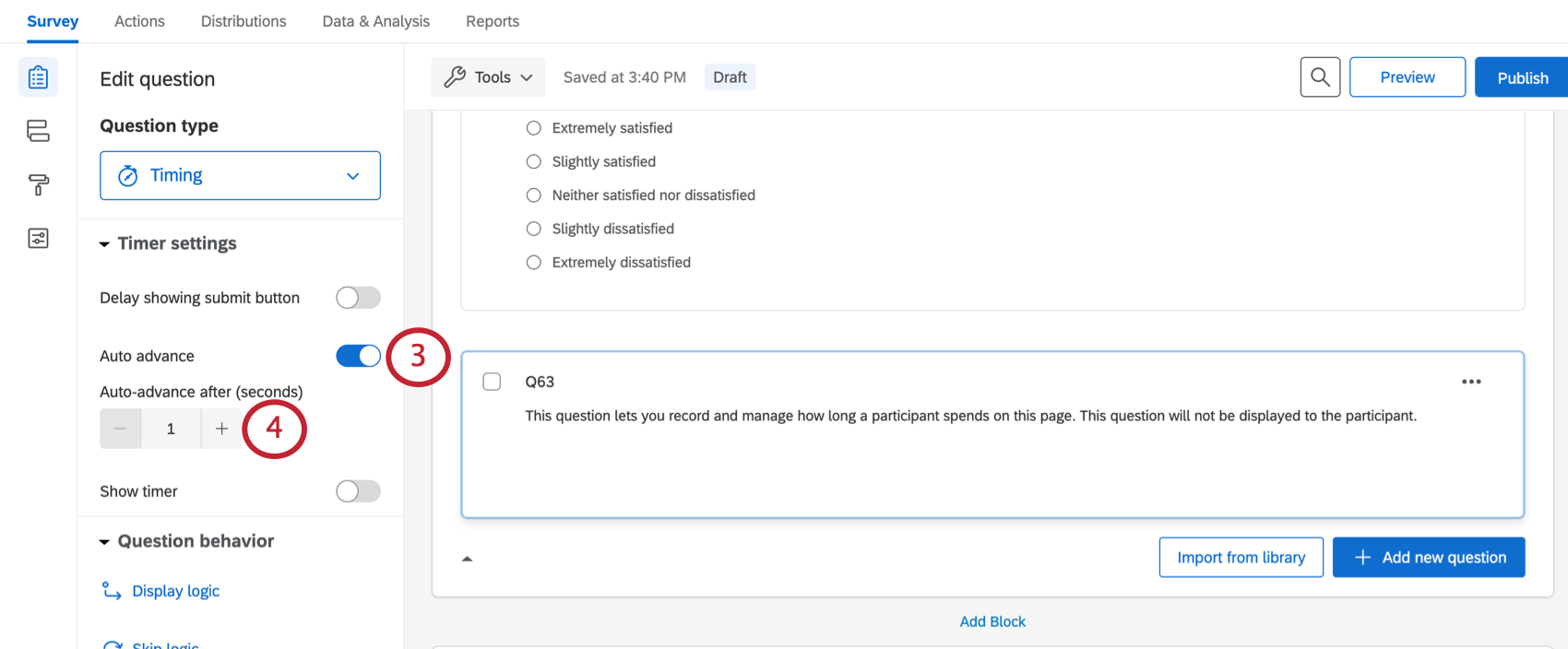 In question editing pane to left, auto-advance settings re being adjusted